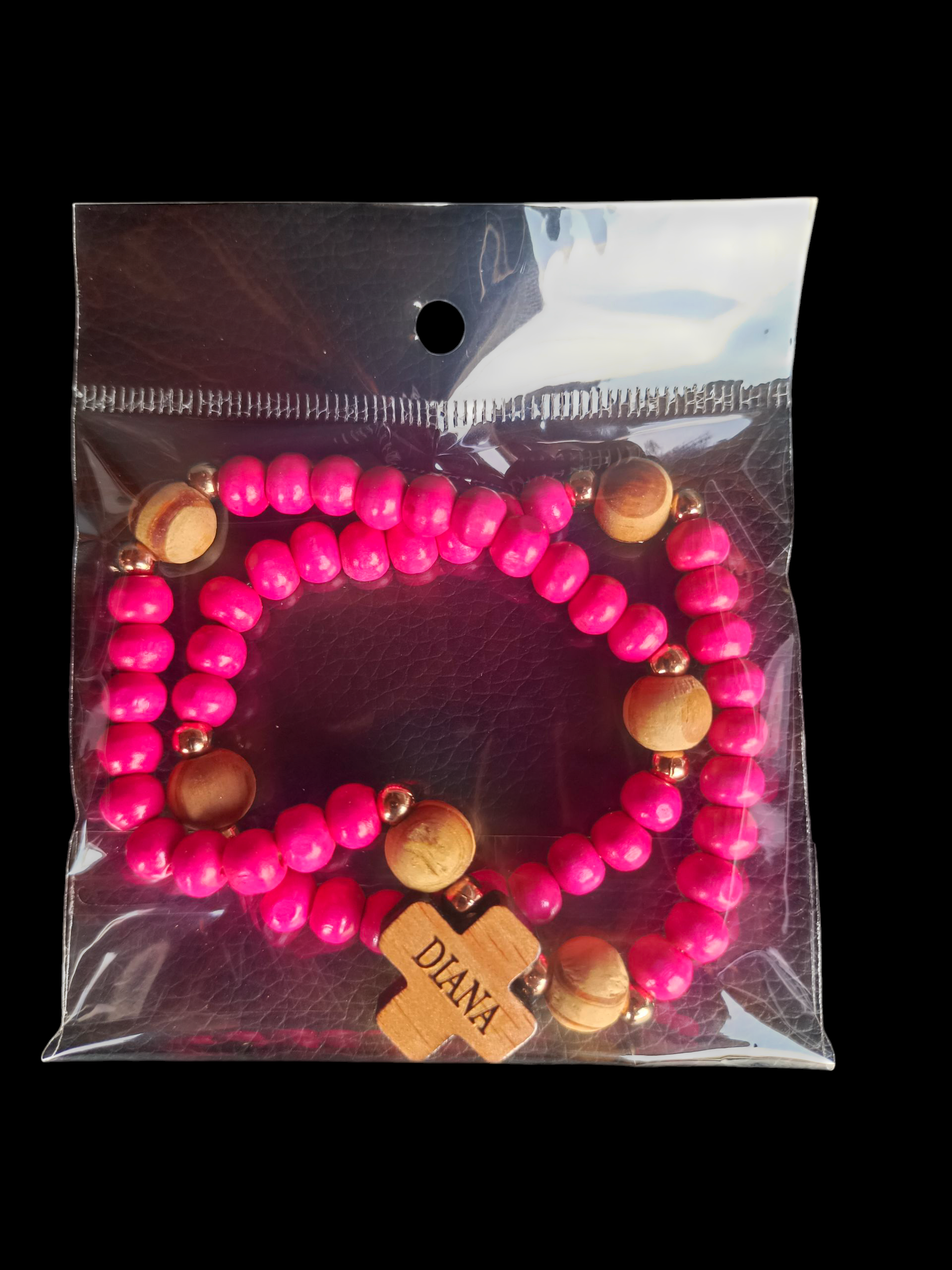 Pulsera Rosario color fucsia con Cruz cuadrada